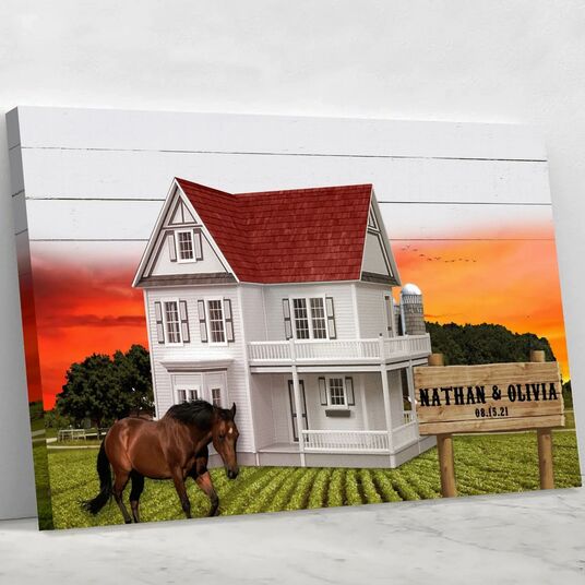 Custom Couple Names and Date Farm House with Horse Canvas Wall Decor