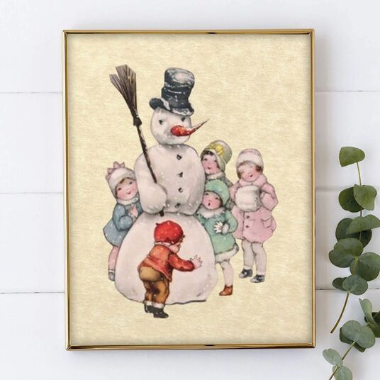 Kids and Snowman Christmas Art Print